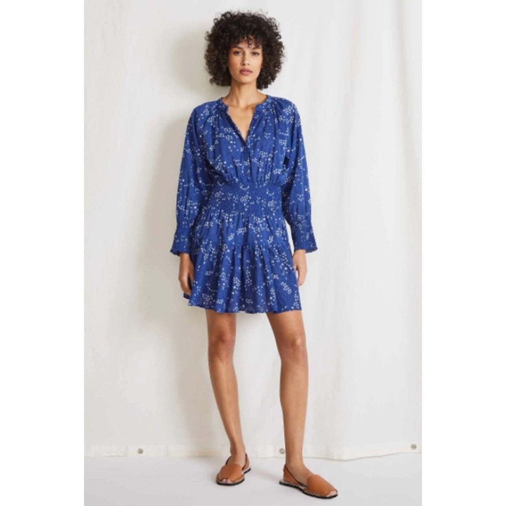 Apiece Apart Long Sleeve Mini Dress Organic Cotton Blue Floral Smocked Waist XS